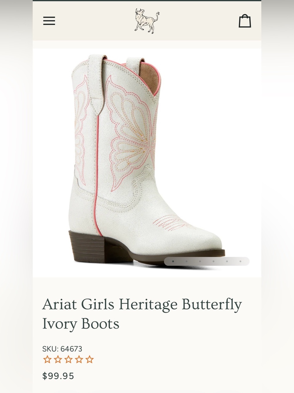 Ariat Girls Ivory Boots with Pink Butterfly Stitching